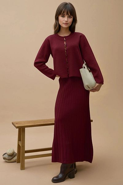 Hiccup Textured Knit Suit with Round Neck Cardigan and Flared Skirt