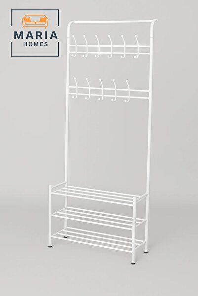 MARIA HOMES علاقة معاطف بيضاء مع 12 خطافًا وحامل أحذية معدني - 190 × 79 × 28 سم