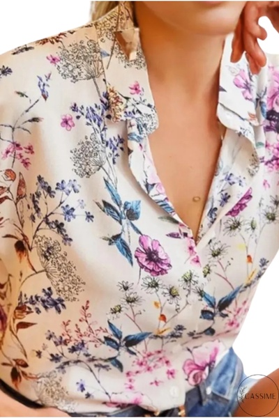 Cassime Women's Purple Floral Bat Short Sleeve Summer Button up Shirt