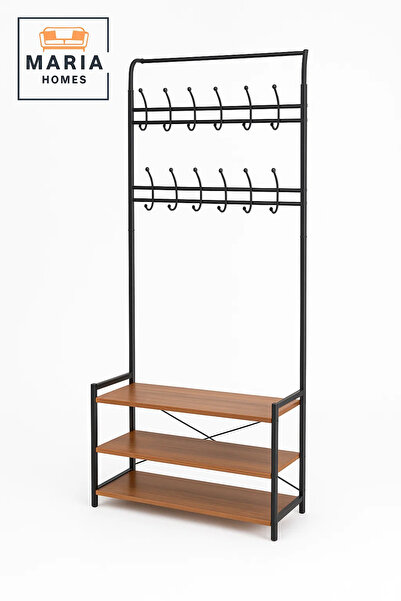 MARIA HOMES Multi-Tier Metal Coat Rack with Hooks and Wooden Shoe Shelves