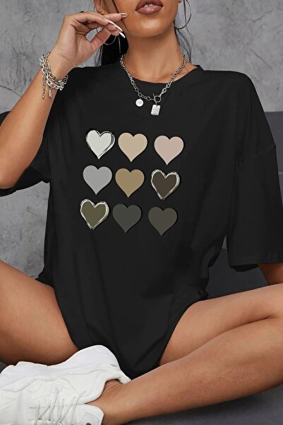 one button Unisex Kalp Baskılı Basic Bisiklet Yaka Regular T-shirt %100 Pamuk