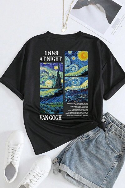 one button Unisex Van Gogh Baskılı Basic Bisiklet Yaka Regular T-shirt %100 Pamuk
