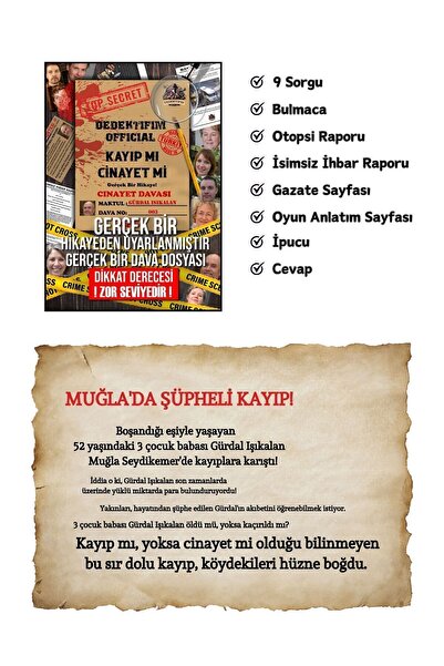 Dedektifim Official Dedektif Oyunu, Kutu Oyunu, 3 Dava Tek Paket, Cinayet Çözme Dava Dosyası, Katil Kim