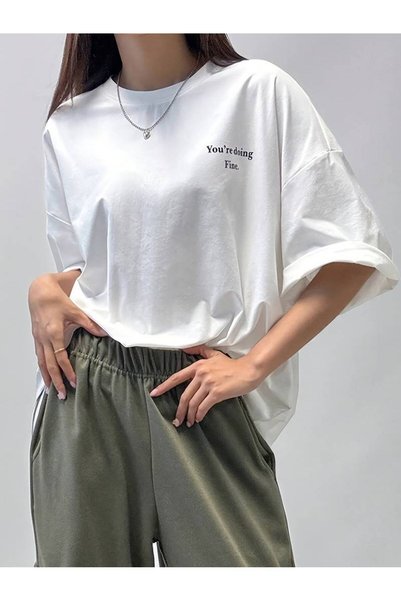 Elvino You Are Doing Fine Printed Crew Neck Short Sleeve Unisex Oversize White T-Shirt