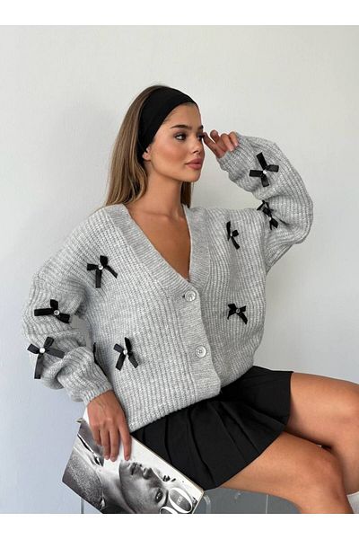 İLKCET MODA Ribbon Detail Oversize Women's Cardigan