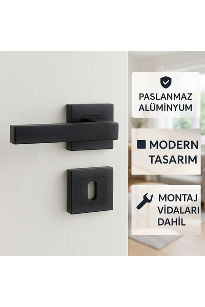Merkezoğlu Mat Siyah Kare Rozetli Oda Kapı Kolu – 1 Takım (Sağ & Sol) – Paslanmaz Alüminyum