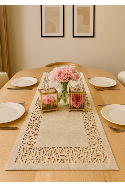 Ergüven Home عداء شمواه بيج - طول طاولة 40x140 سم، نمط مثلث هندسي