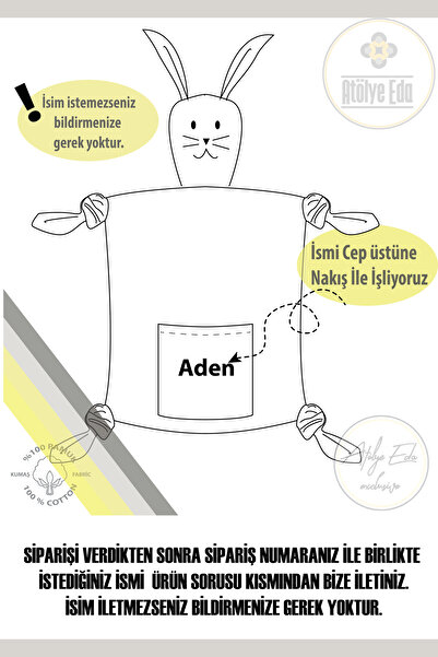 Atölye Eda Exclusive [ İstediğiniz İsmi Yazıyoruz ] Sevimli Tavşan Çocuk Bebek Uyku Arkadaşı Organik Pamuk