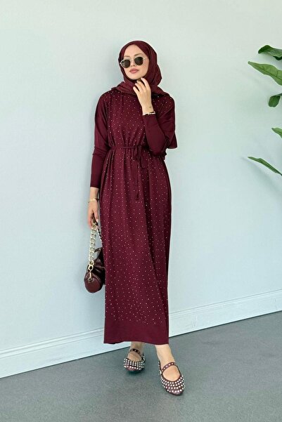 Hazamoda Batum Taşlı Merserize Elbise Bordo