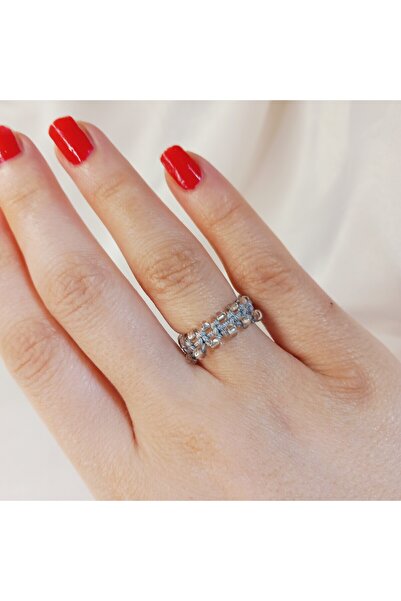 Crystal Atelier Silver Color Drawstring Sand Beaded Weave Macrame Ring–Handmade Adjustable Elegant Women's Ring