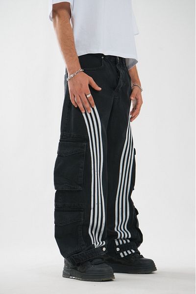 GRJ denim Striped Men's Baggy Cargo Black Jean Trousers