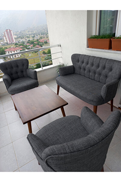 Azra Aksesuar Çay Seti Koltuk Takımı - Keten Kumaş - Ahşap Ayak - Gürgen Iske...