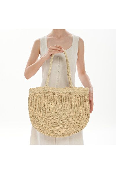 SOFT Handmade Cream Color Large Knitted Beach Bag – Semicircle Form