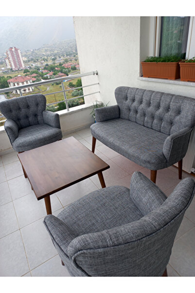 Azra Aksesuar Çay Seti Koltuk Takımı - Keten Kumaş - Ahşap Ayak - Gürgen Iskelet - Açık Gri