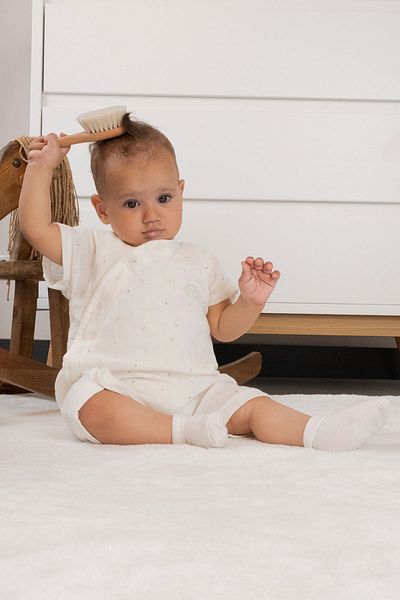 Little Gusto Organic Cotton Muslin Ecru Double Breasted Baby Shorts Jumpsuit
