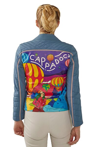 Deriderim Mavi Ikigai The City Kapadokya Baskılı Yandan Fermuarlı Kolları Dikişli Biker Kadın Hakiki Deri Mont