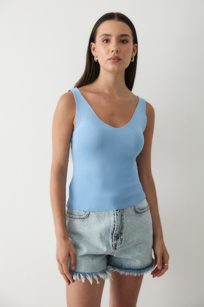 JASTE Tricotaj pentru femei, albastru, fără mâneci, cu bretele groase, cu gât inimă