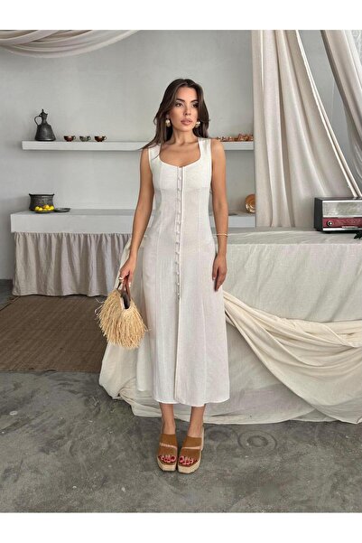 SOFT Lina Keten-Viskon önü yırtmaçlı, kumaş kaplama düğmeli Yazlık Elbise