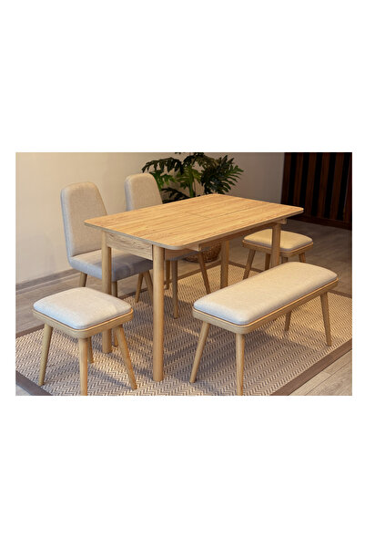 Rabi MİORA MİNİ AÇILIR MUTFAK MASA TAKIMI, KARİNA MEŞE KREM ( 1 Masa + 2 Bench + 2 Tabure )