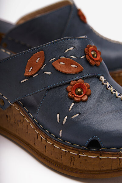 Limoya Genuine Leather Alto Dark Blue Wedge Women's Slippers Antique Sole Comfort Women's Slippers