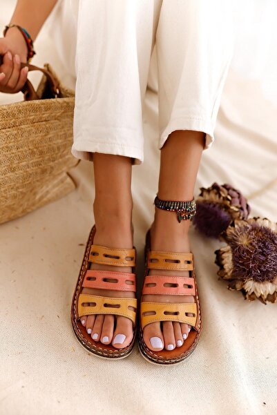 Limoya Γνήσιο δέρμα Joelle Tan Mustard Orange Comfort Γυναικείες παντόφλες με κοπή με λέιζερ Προϊόν ευκαιρίας