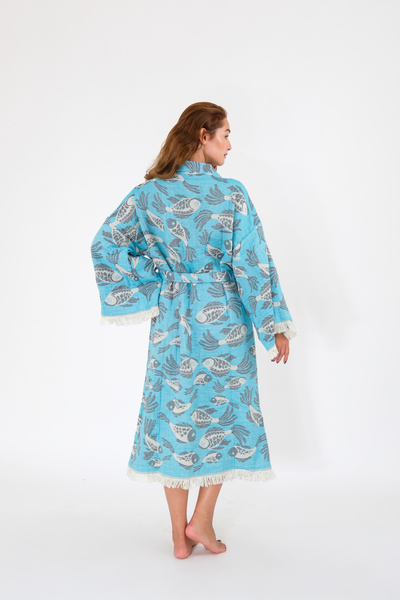 Befera Design Muslin Kimono 100% Cotton Fish Patterned Jacquard Bathrobe Kaftan Dressing Gown