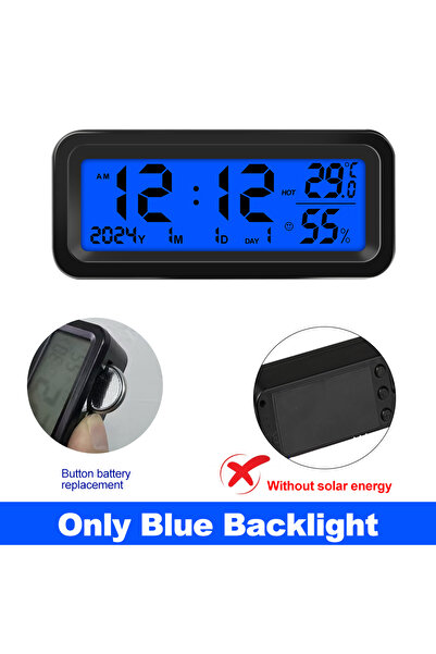 Choice Without Solar Blue Digital Car Clock Solar/USB Powered with Date Week Temperature Humidity LCD Backl