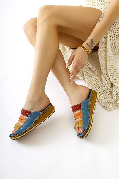 Limoya Papuci de damă Joelle Blue Comfort tăiați cu laser din piele naturală