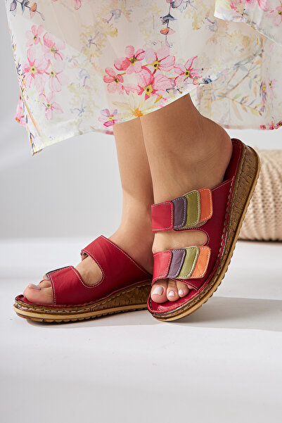 Limoya Genuine Leather Kassid Red Comfort Women's Slippers Opportunity Product