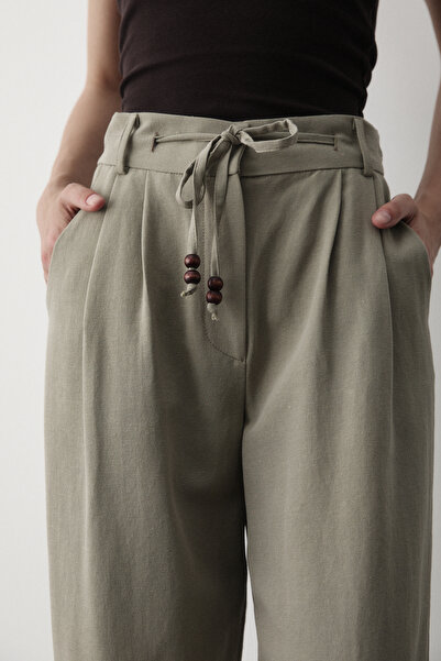 JASTE Kadın Haki Yüksel Bel Boncuklu Bağcıklı Keten Pantolon