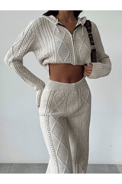 Lusin Női kapucnis cipzáras kötöttáru öltöny - Crop kardigán és nadrág - Stone S/M