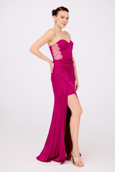 Carmen Mürdüm Bağlamalı Saten Abiye Elbise