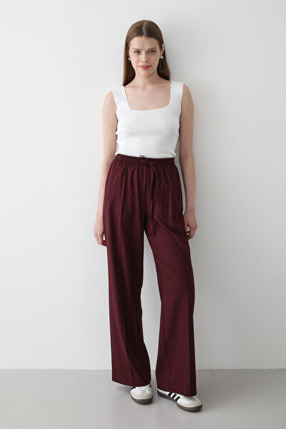 JASTE Women's Burgundy Elastic Waist Wide Leg Palazzo Trousers