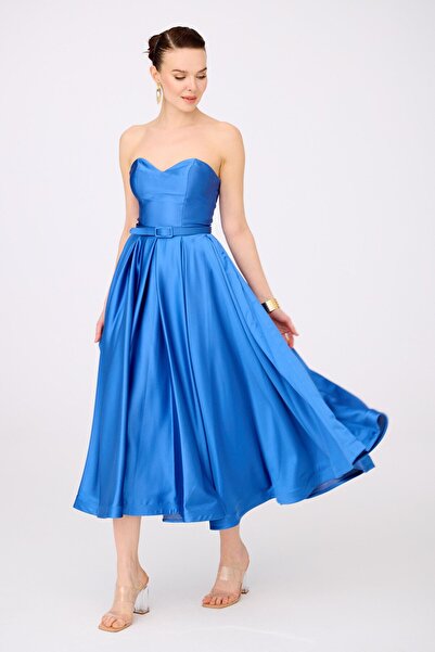 Carmen İndigo Saten Straplez Midi Söz Elbisesi ve Nişan Elbisesi