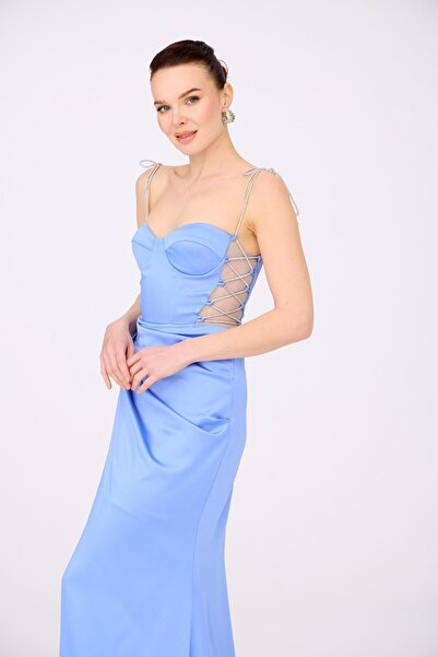 Carmen İndigo Saten Bağlamalı Uzun Abiye Elbise ve Davet Elbisesi