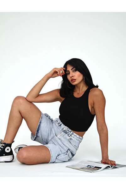 XBELLA DENİM Women's High Waist Cargo Pocket and Clamp Detailed Denim Shorts