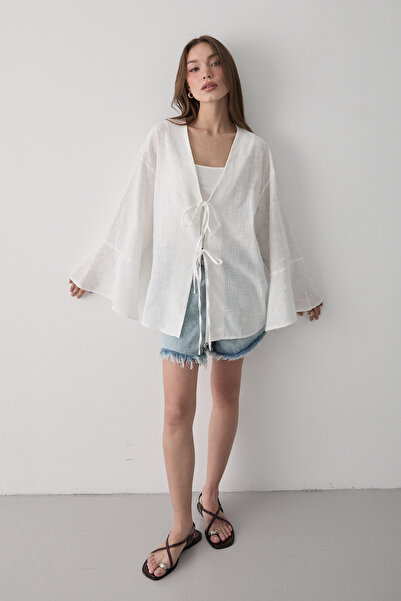 JASTE Women's Ecru Double Lacing Linen Kimono