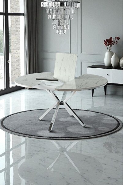 fursimo Arhor Serisi 160x120 Açılabilir Lak Panel Beyaz Mermer Desen Yuvarlak Masa