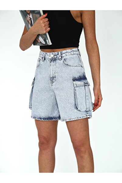 XBELLA DENİM Women's High Waist Cargo Pocket and Clamp Detailed Denim Shorts