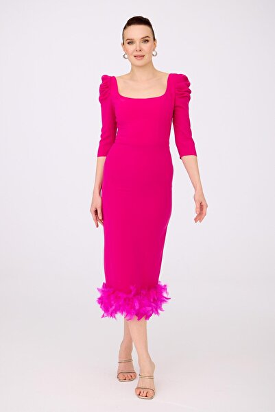 Carmen Fuşya Krep Eteği Tüylü Midi Söz Elbisesi