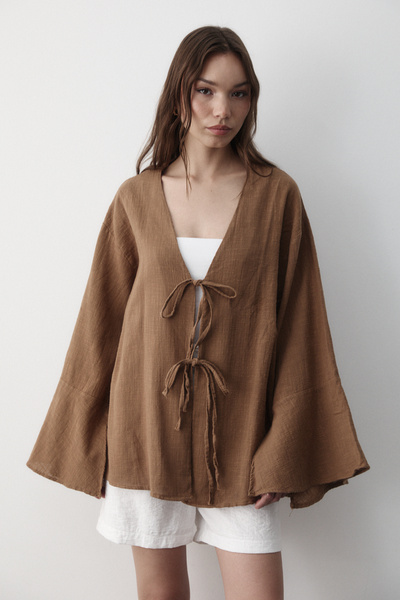 JASTE Women's Brown Bat Sleeve Double Tie Kimono 100% Cotton