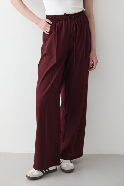 JASTE Women's Burgundy Elastic Waist Wide Leg Palazzo Trousers