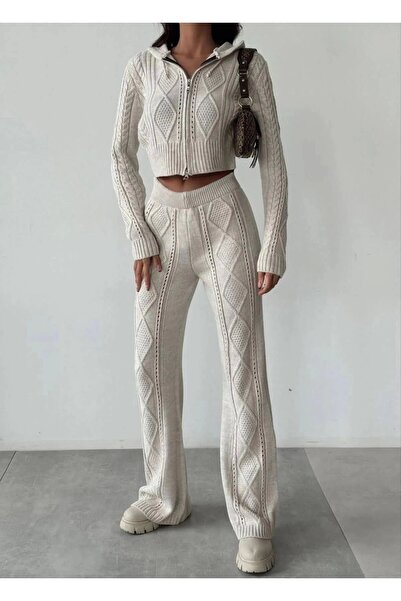 Lusin Női kapucnis cipzáras kötöttáru öltöny - Crop kardigán és nadrág - Stone S/M