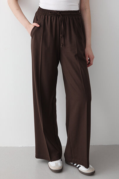 JASTE Women's Bitter Brown Elastic Waist Wide Leg Pants Palazzo Pants