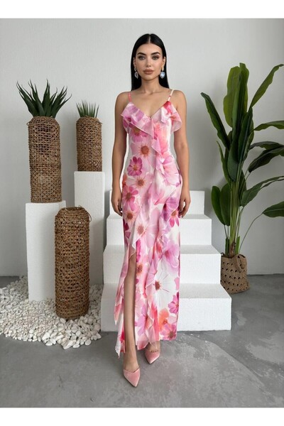 Auralis Studio Fırfırlı Pembe Çiçekli Desenli Midi Elbise