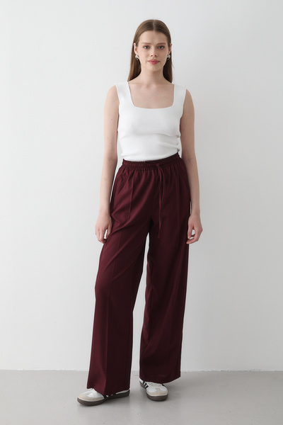 JASTE Women's Burgundy Elastic Waist Wide Leg Palazzo Trousers