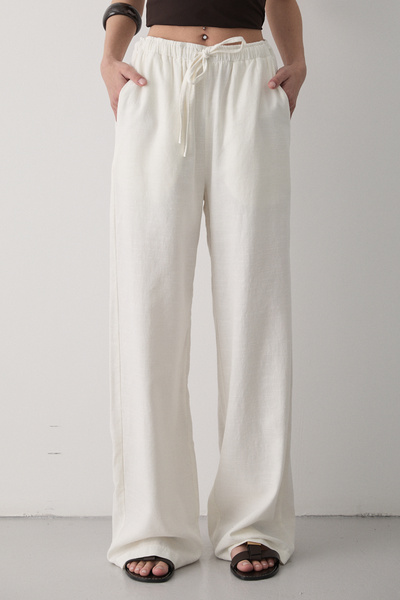 JASTE Kadın Ekru Içi Astarlı Beli Lastikli Bol Paça Palazzo Keten Pantolon
