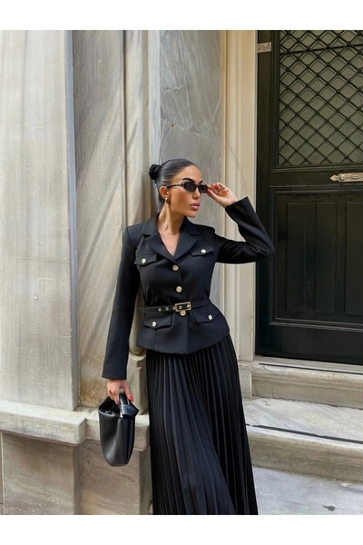 Diemmood سترة نسائية سوداء بحزام وبدلة مطوية