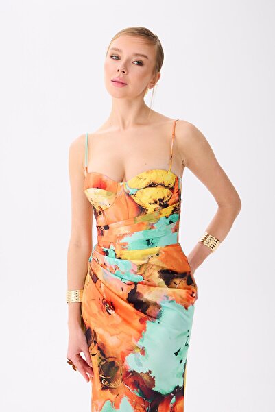 Carmen Orange Askılı Yırtmaçlı Empirme Saten Abiye Elbise