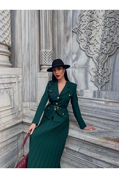 Diemmood Green Belted Blazer Jacket and Pleated Skirt Set